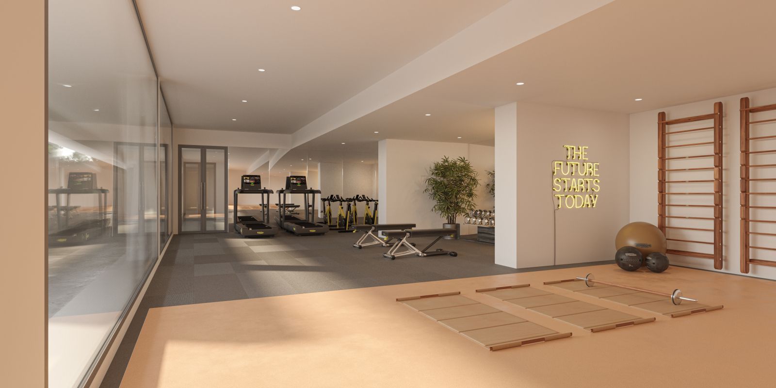 Salle de sport moderne à Estrella del Mar Villas avec tapis roulants, vélos d'appartement, poids et enseigne au néon.